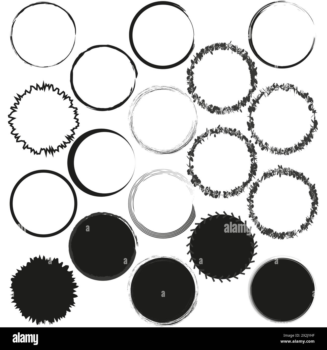 Variety of grunge circle outlines. Set of round stamps and badges. Ink brush borders. Vector illustration. EPS 10. Stock Vector