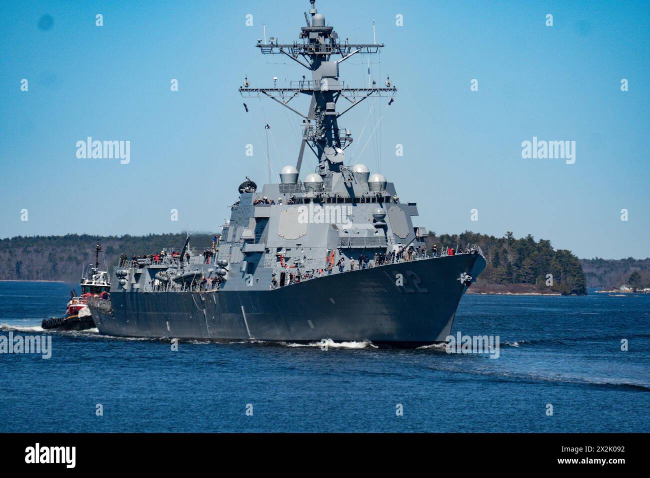 The future USS John Basilone transits the Kennebec River heading out to sea to conduct Bravo Trials. Stock Photo