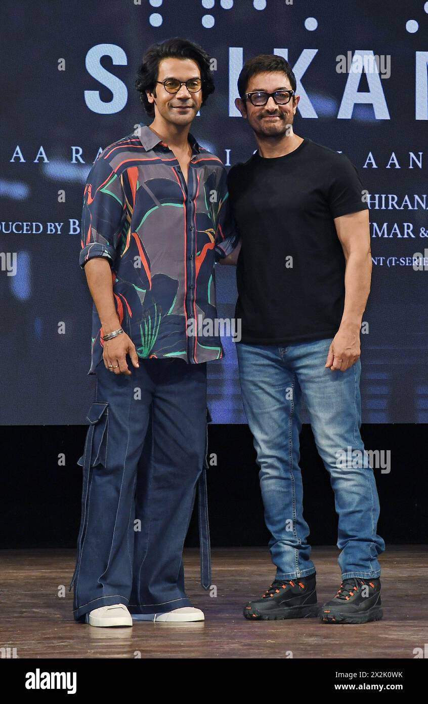 Mumbai, India. 22nd Apr, 2024. L-R Bollywood actors Rajkummar Rao and Aamir Khan pose for a photo after the song launch of the upcoming film 'Srikanth' in Mumbai. Credit: SOPA Images Limited/Alamy Live News Stock Photo