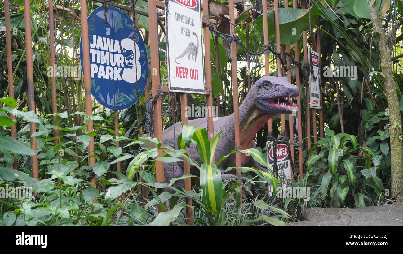 Dinosaur statue caged in a cage with dangerous writing and forest background at Dino Park Jatim Park 3 Batu Stock Photo