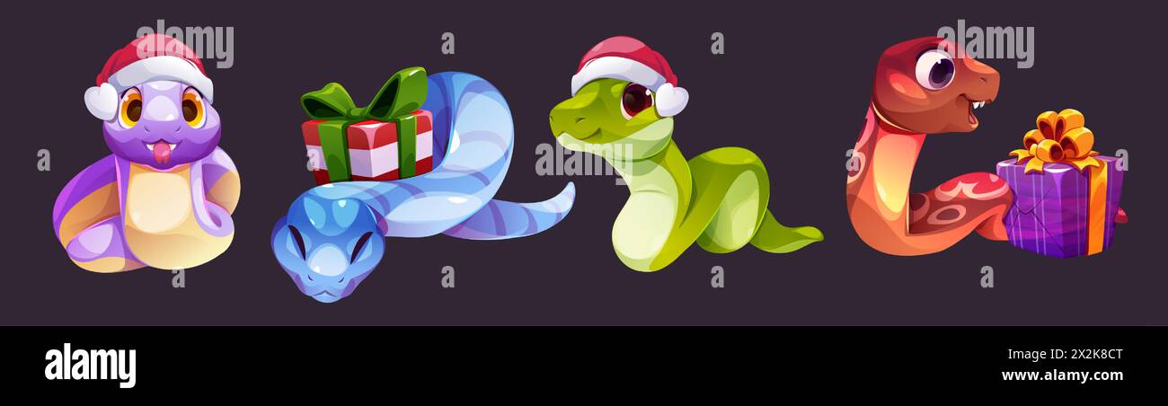 Cute snake cartoon character for Christmas and New Year design. Animal symbol of 2025 year in Santa hat and with wrapped gift boxes. Vector illustration set of funny childish crawling serpent. Stock Vector