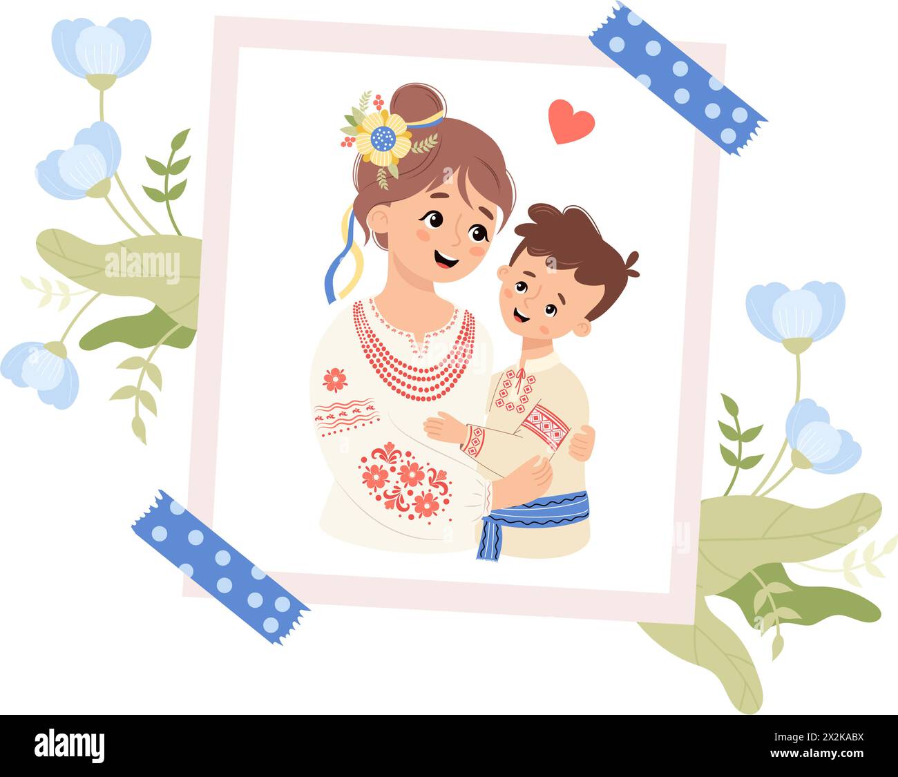 Cute holiday photograph from happy Ukrainian mother and son in traditional clothes embroidered shirt with blue flowers. Vector illustration. Festive c Stock Vector