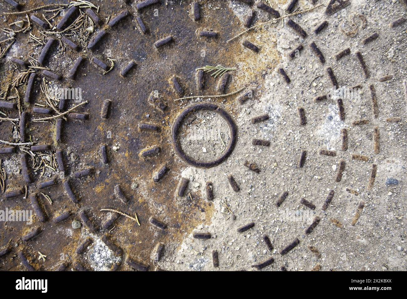 Detail of old metal manhole cover Stock Photo