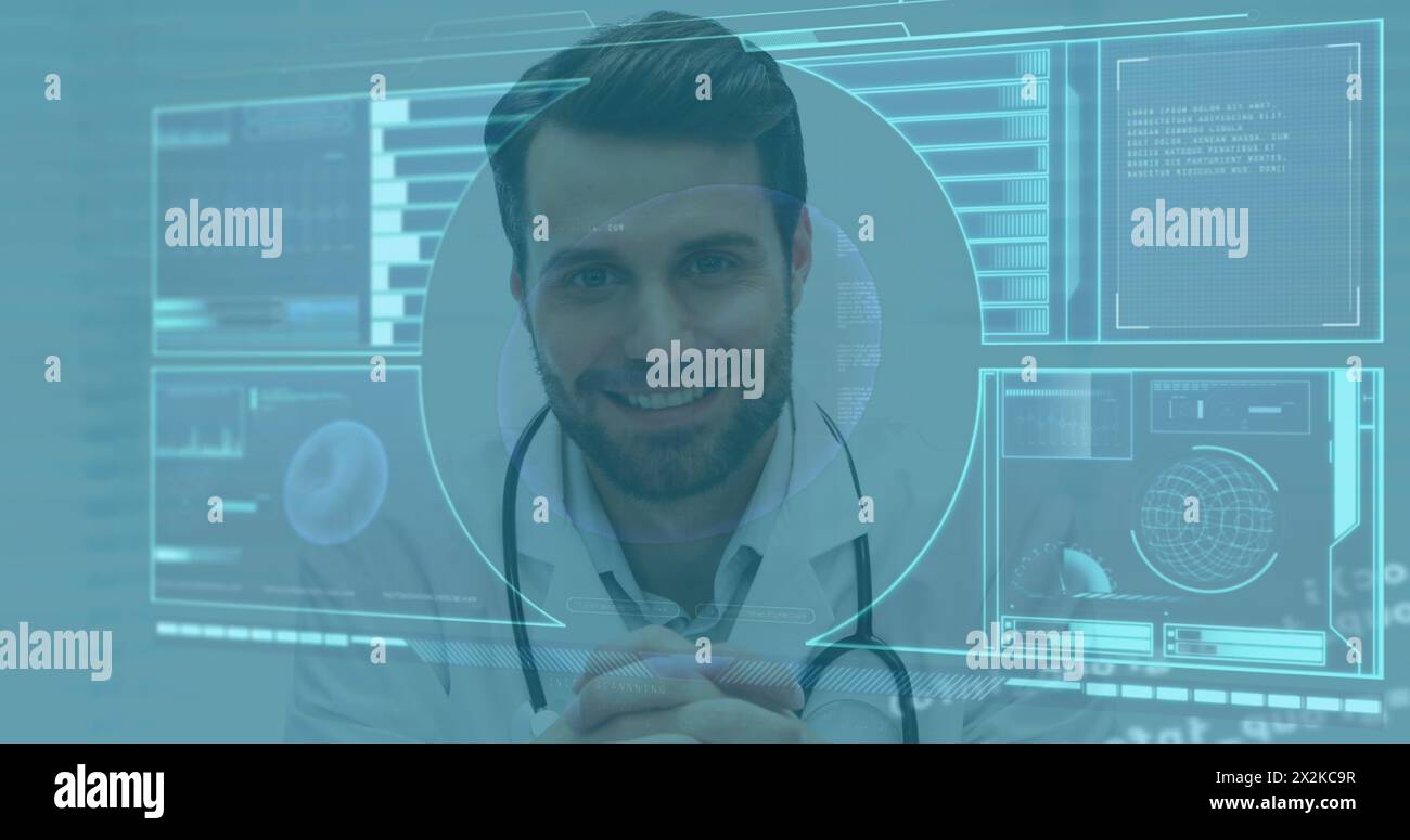 Image of data processing on digital interface over smiling male doctor ...