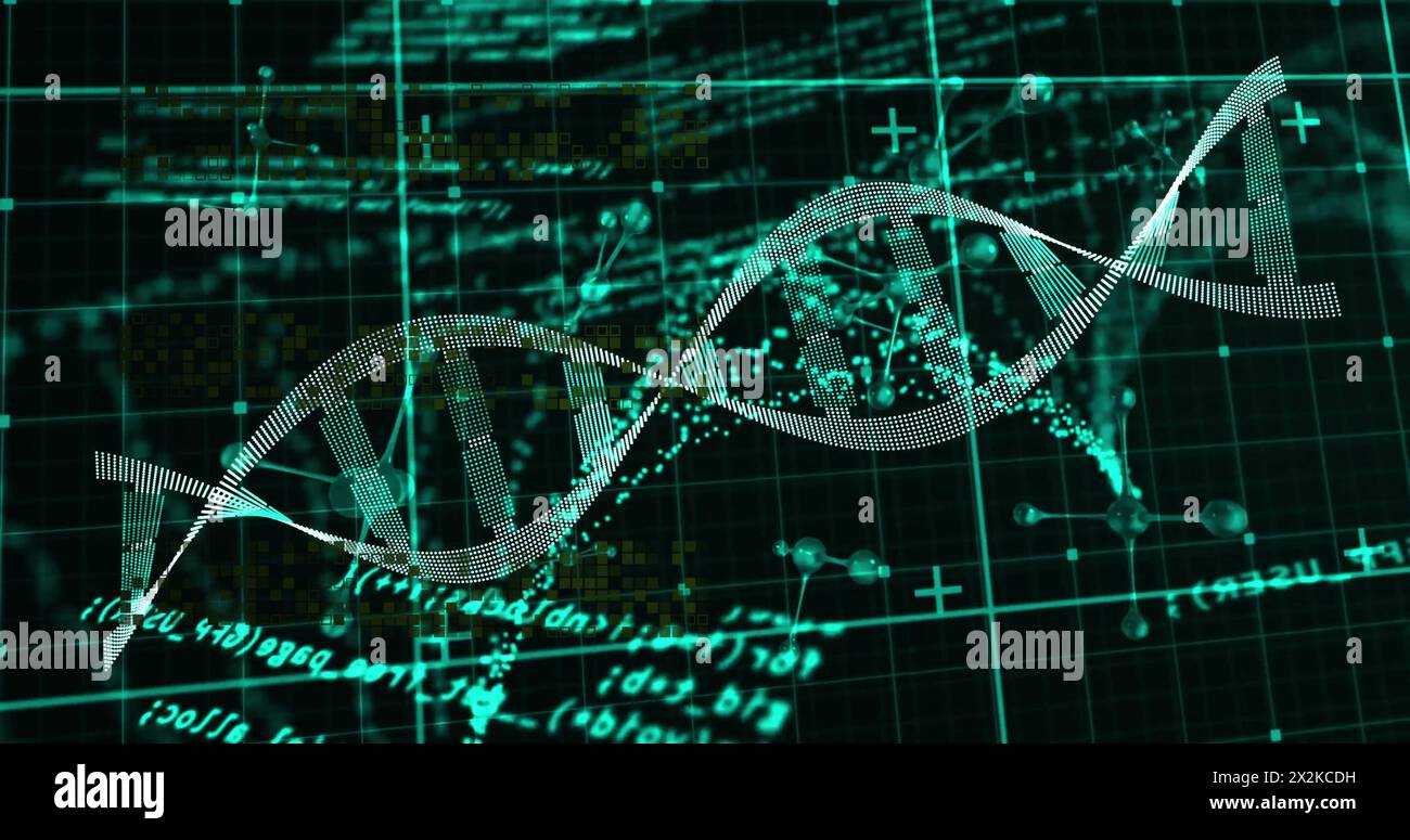 Image of dna strand and molecules over data processing on black background Stock Photo