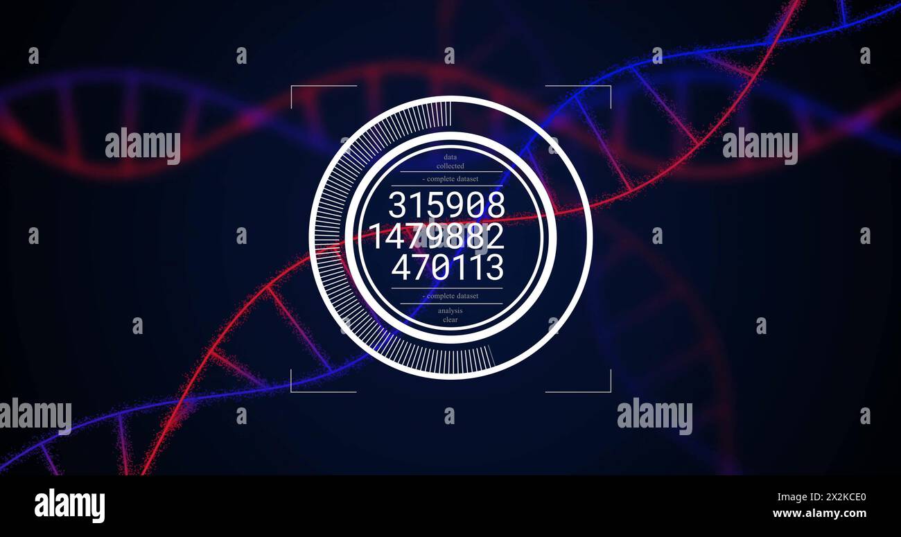 Image of data processing over dna strands on black background Stock Photo