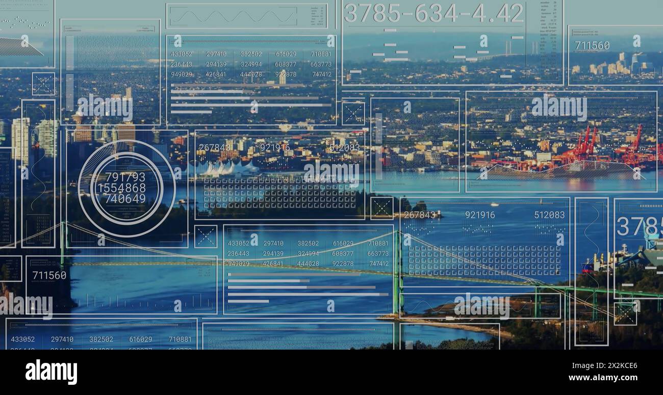 Image of data processing over cityscape Stock Photo