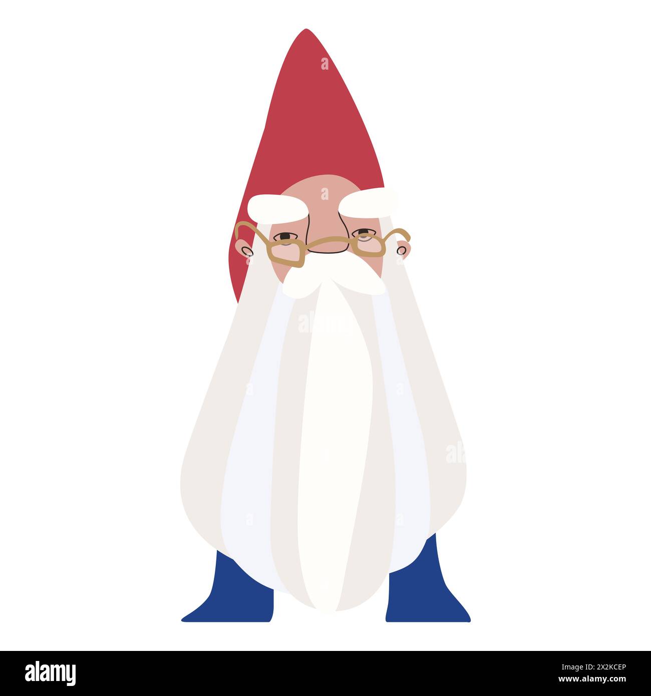 An old wise dwarf wizard in crooked glasses with a long gray beard, lush gray eyebrows in a pointed red cap. Vector illustration for packaging Stock Vector