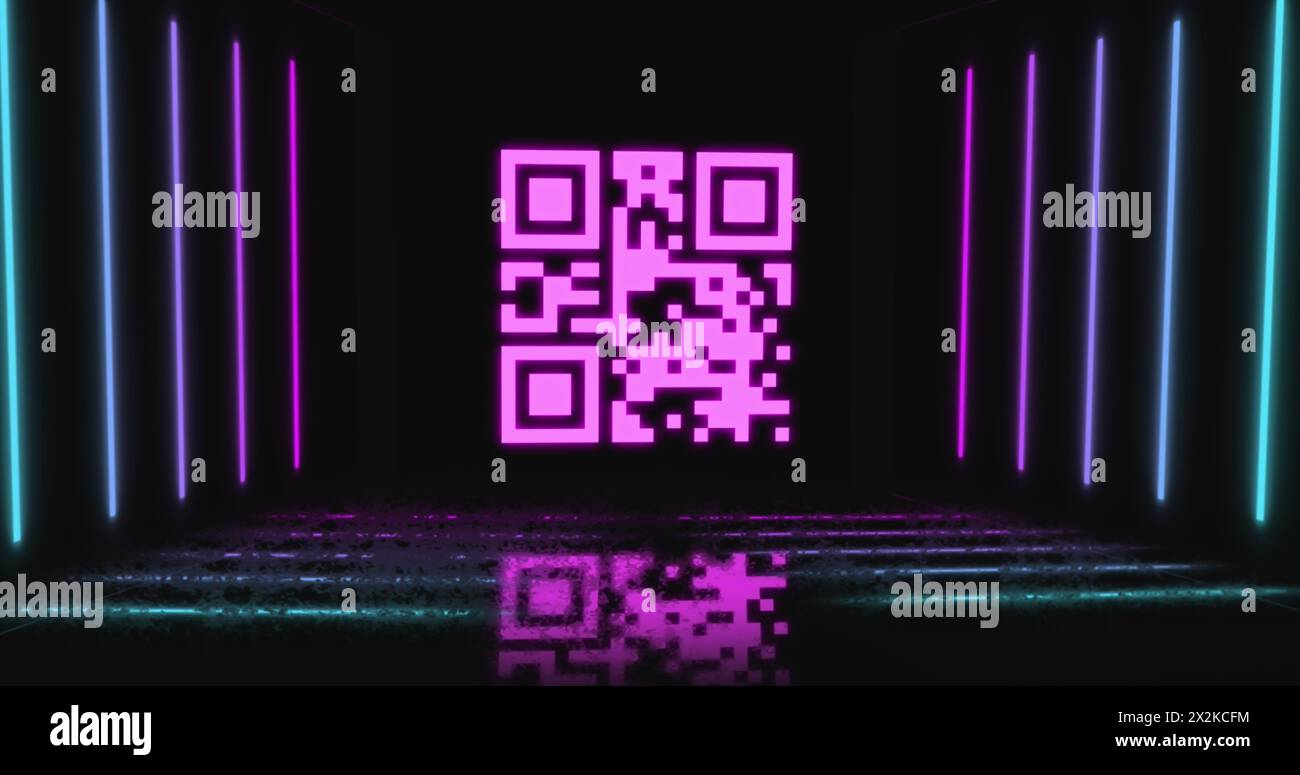 Image of qr code over neon shapes on black background Stock Photo