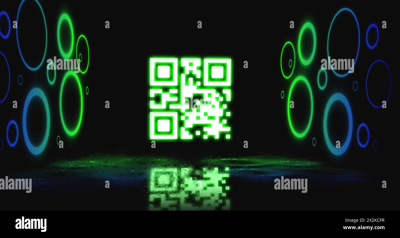 Image of qr code over neon shapes on black background Stock Photo