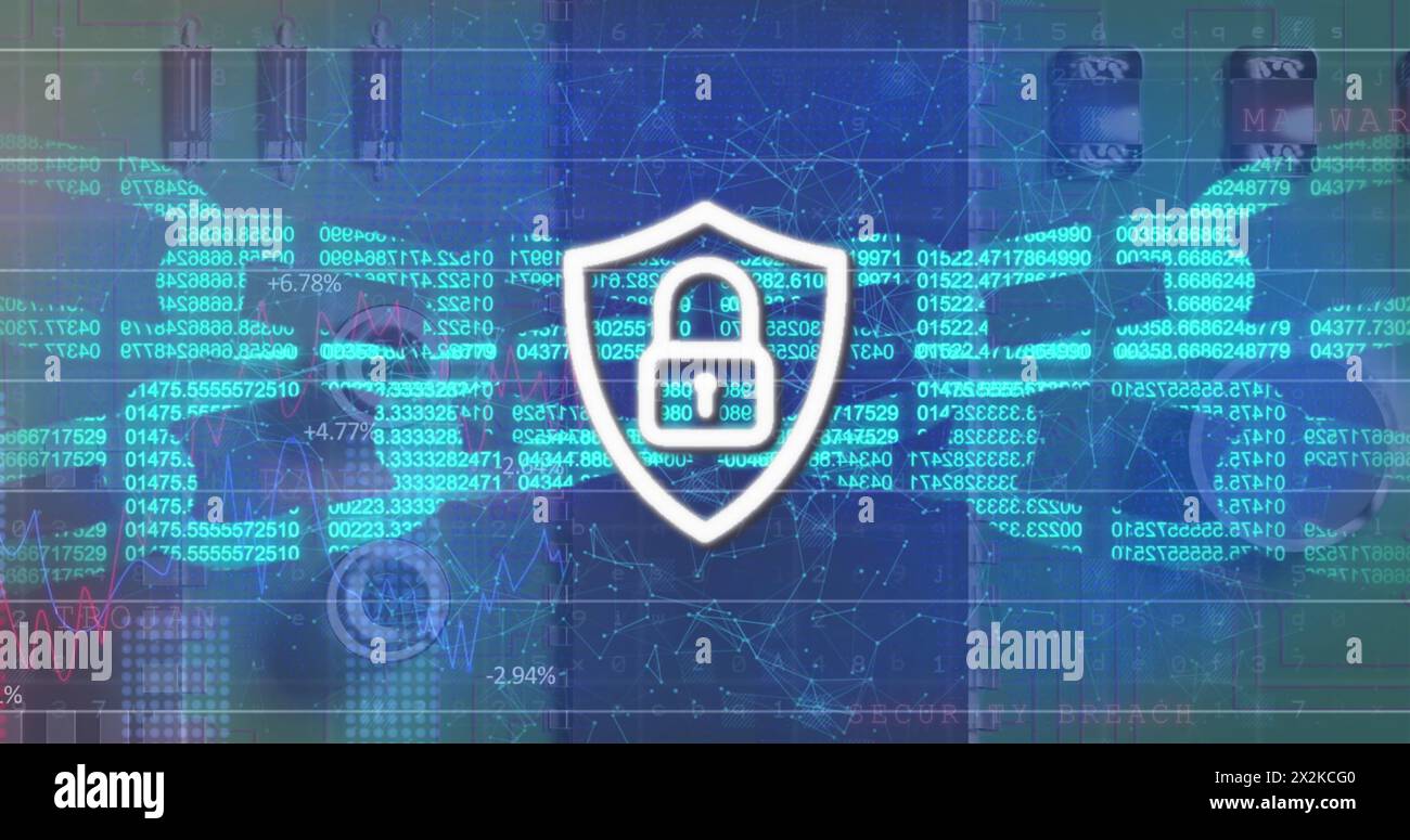 Image of digital shield with padlock and block chains on blue ...