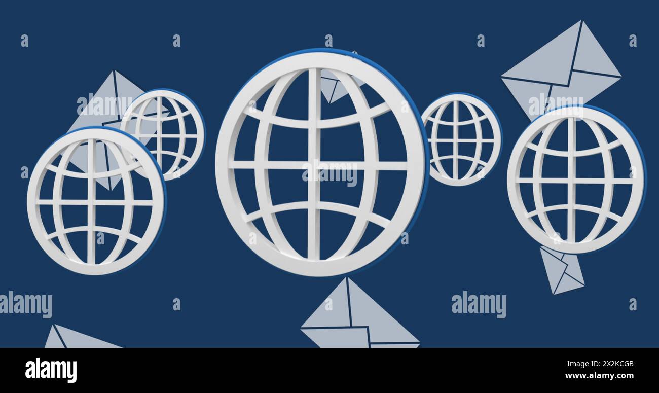 Image of emails and globes on navy background Stock Photo