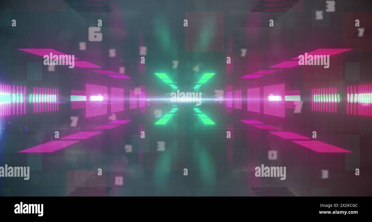 Image of data processing over neon shapes on black background Stock Photo