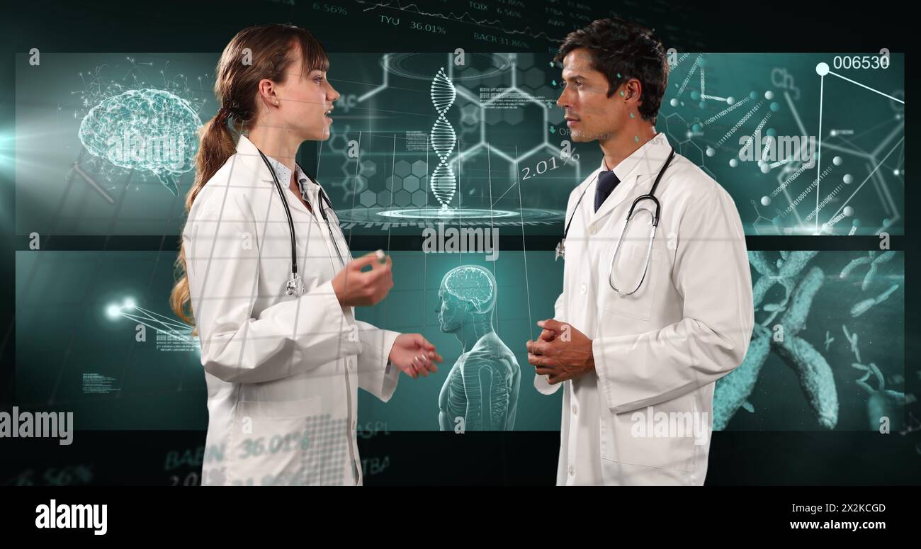 Image of biracial male and female doctors over data processing Stock Photo