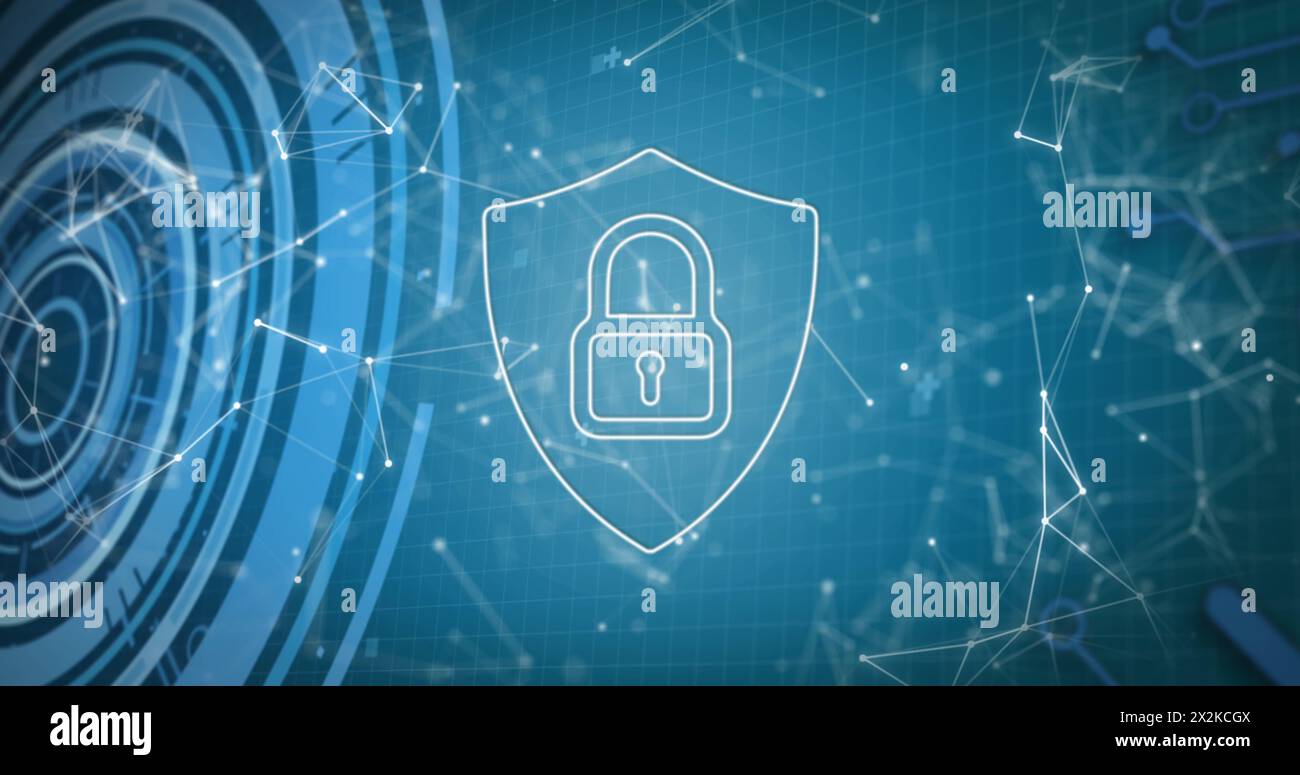 Image of digital shield with padlock and connections on blue background with diverse data Stock Photo