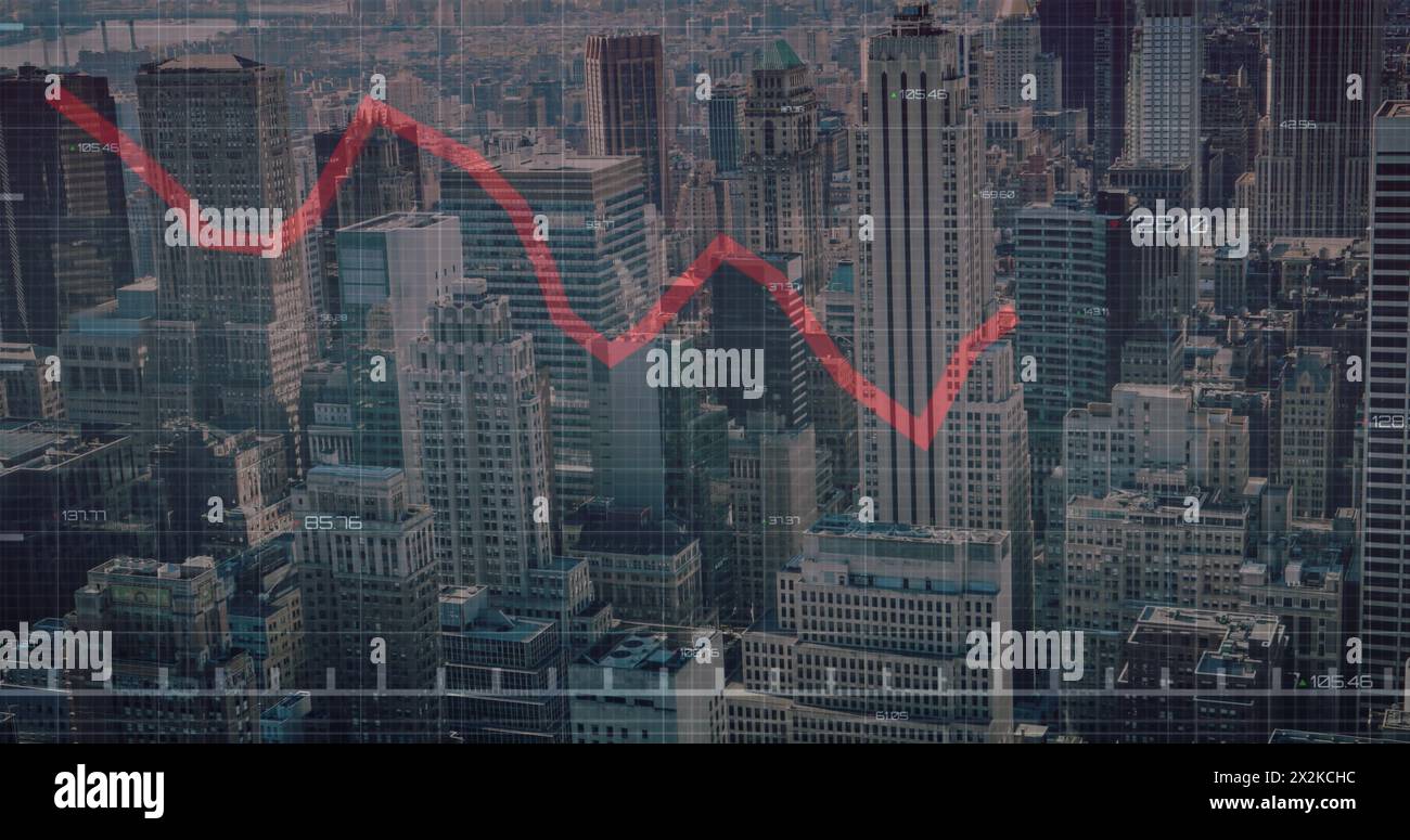 Image of red line, financial data processing over cityscape Stock Photo