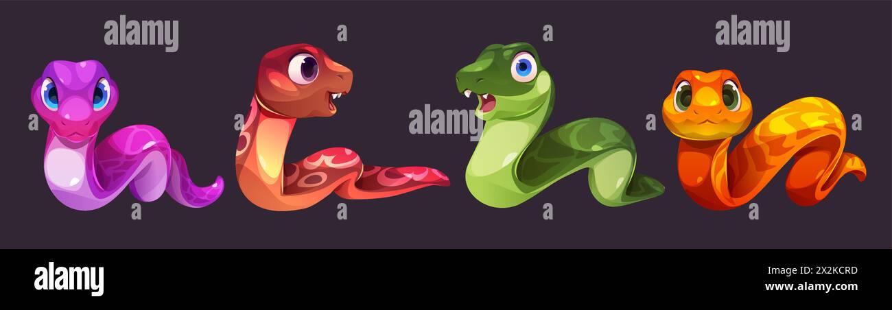 Cute crawling snake cartoon vector character set. Funny colorful skin jungle serpent. Tropical friendly animal with tongue and different face emotion. Childish comic reptile mascot collection. Stock Vector
