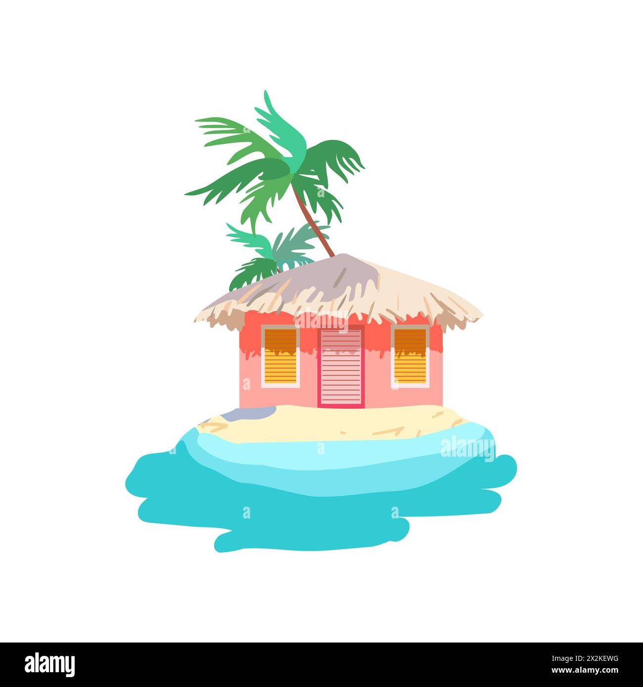 Isolated pink bungalow thatched roof Yellow sand Tropical palm Sea shore Vacation marine Flat vector print summer poster poster clothing paper Stock Vector