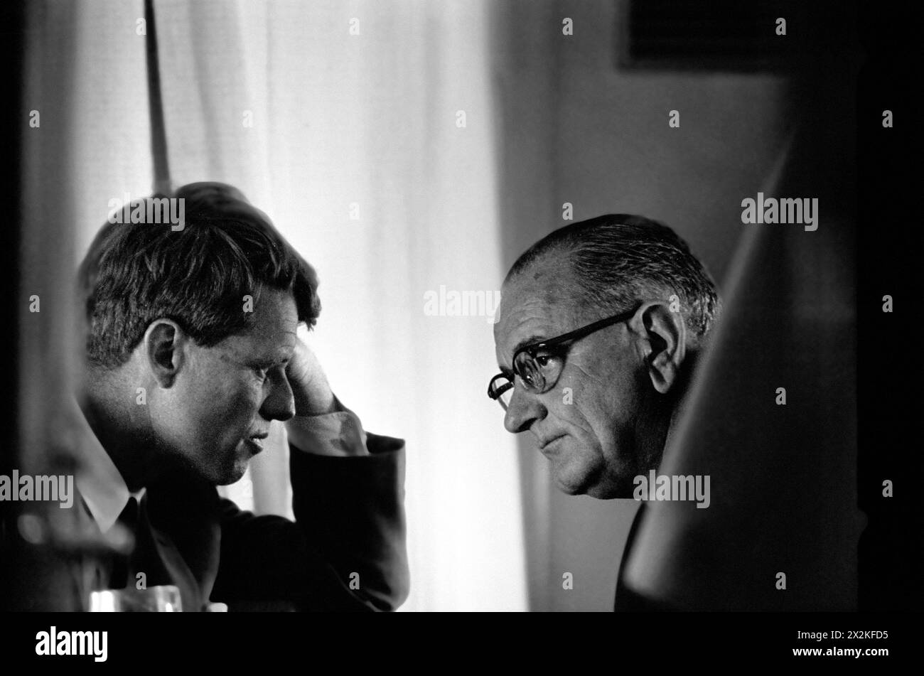 President Lyndon B. Johnson and RFK, Robert F. Kennedy meeting at White House on October 14, 1964 - White House photo Stock Photo