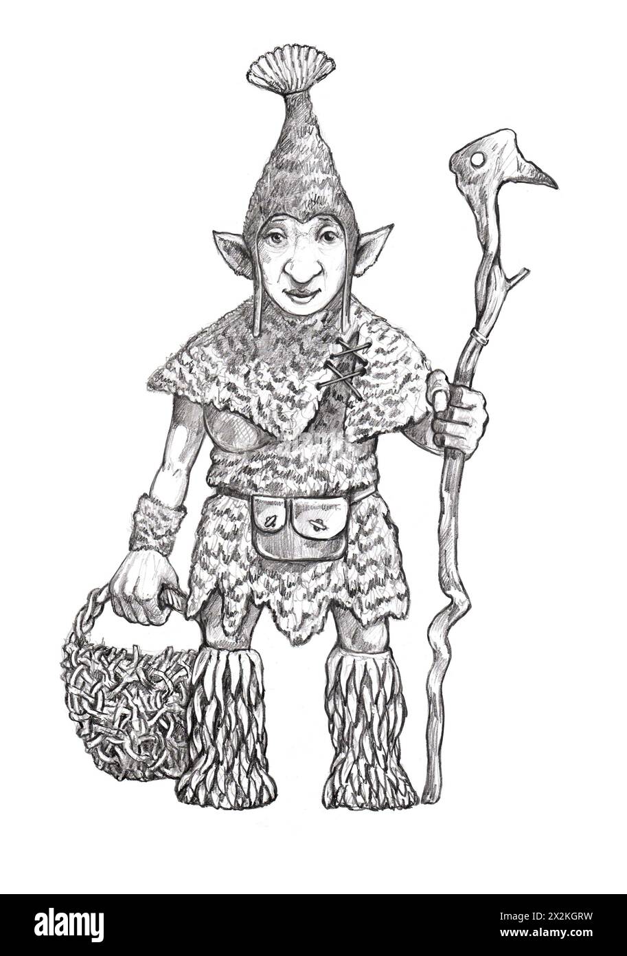 Handmade drawing of a female goblin. Fantasy creature illustration. Stock Photo