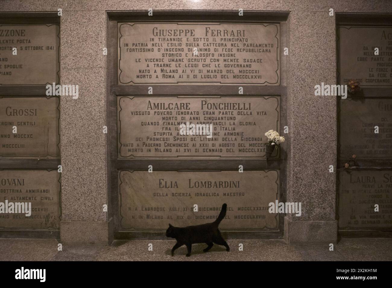 Milan, Italy, December 29, 2020. The graves of the Italian philosopher and politician Giuseppe Ferrari  (1811 - 1876), of the Italian composer and band director Amilcare Ponchielli (1834 - 1886) and of the Italian engineer Elia Lombardini (1794 – 1878) in the crypt of the Famedio del Cimitero Monumental of Milan. ©Isabella De Maddalena/opale.photo Stock Photo