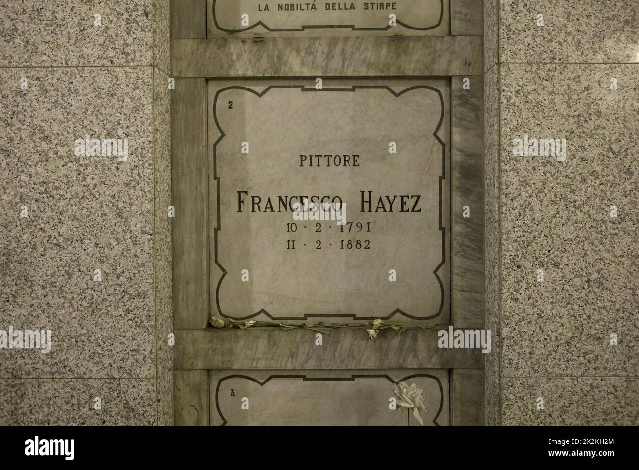 Milan, Italy, December 29, 2020. The grave of the Italian painter Francesco Hayez (1791 - 1882), the greatest exponent of Romanticism in Italy, in the crypt of the Famedio of the Monumental Cemetery of Milan. ©Isabella De Maddalena/opale.photo Stock Photo