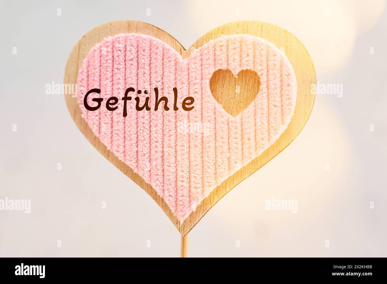 Augsburg, Bavaria, Germany - April 17, 2024: Heart decoration made of wood with the inscription: Feelings. PHOTOMONTAGE *** Herz Dekoration aus Holz mit der Aufschrift: Gefühle. FOTOMONTAGE Stock Photo