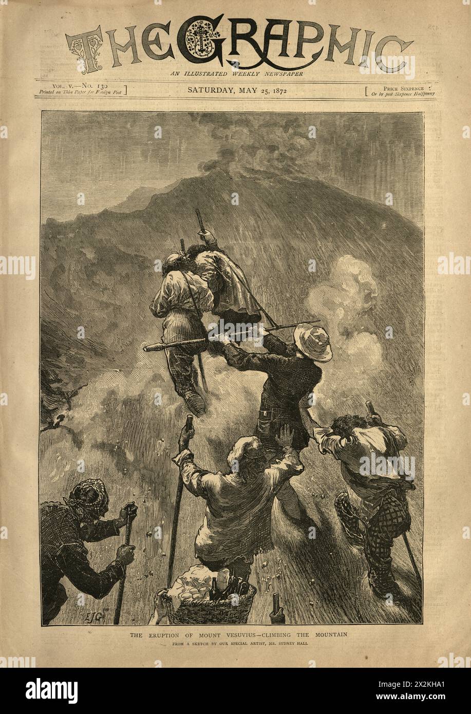 Vintage illustration Eruption of Volcano Mount Vesuvius 1872, Climbing the mountain, 19th Century Stock Photo