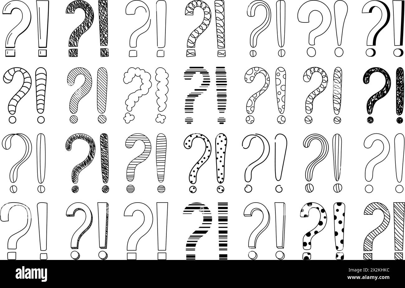 Doodle question and exclamation marks hand drawn sketch vector illustration set. Stock Vector