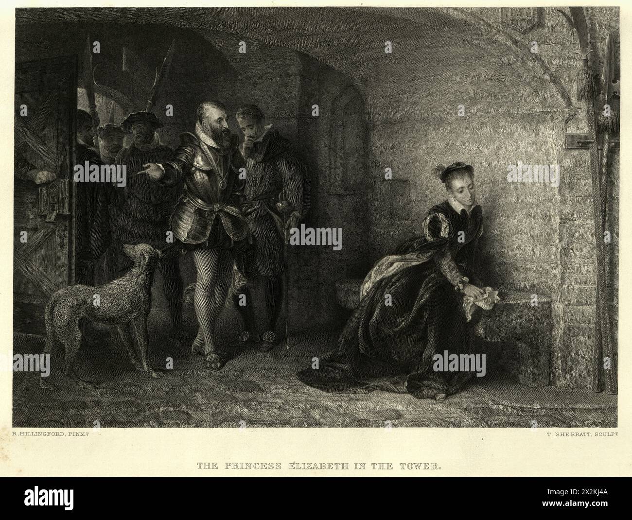 Vintage illustration, Tudor History, Princess Elizabeth, later Elizabeth I, Prisoner in the Tower of London, after painting by Robert Alexander Hillingford, 19th Century Stock Photo