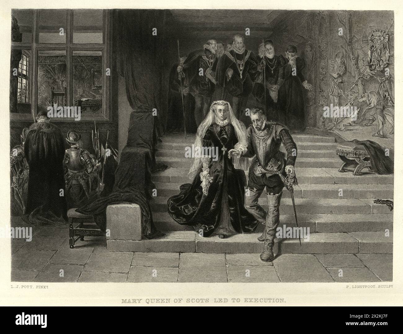 Vintage illustration Mary, Queen of Scots, Being Led to Her Execution after the apintign by Laslett John Pott Stock Photo