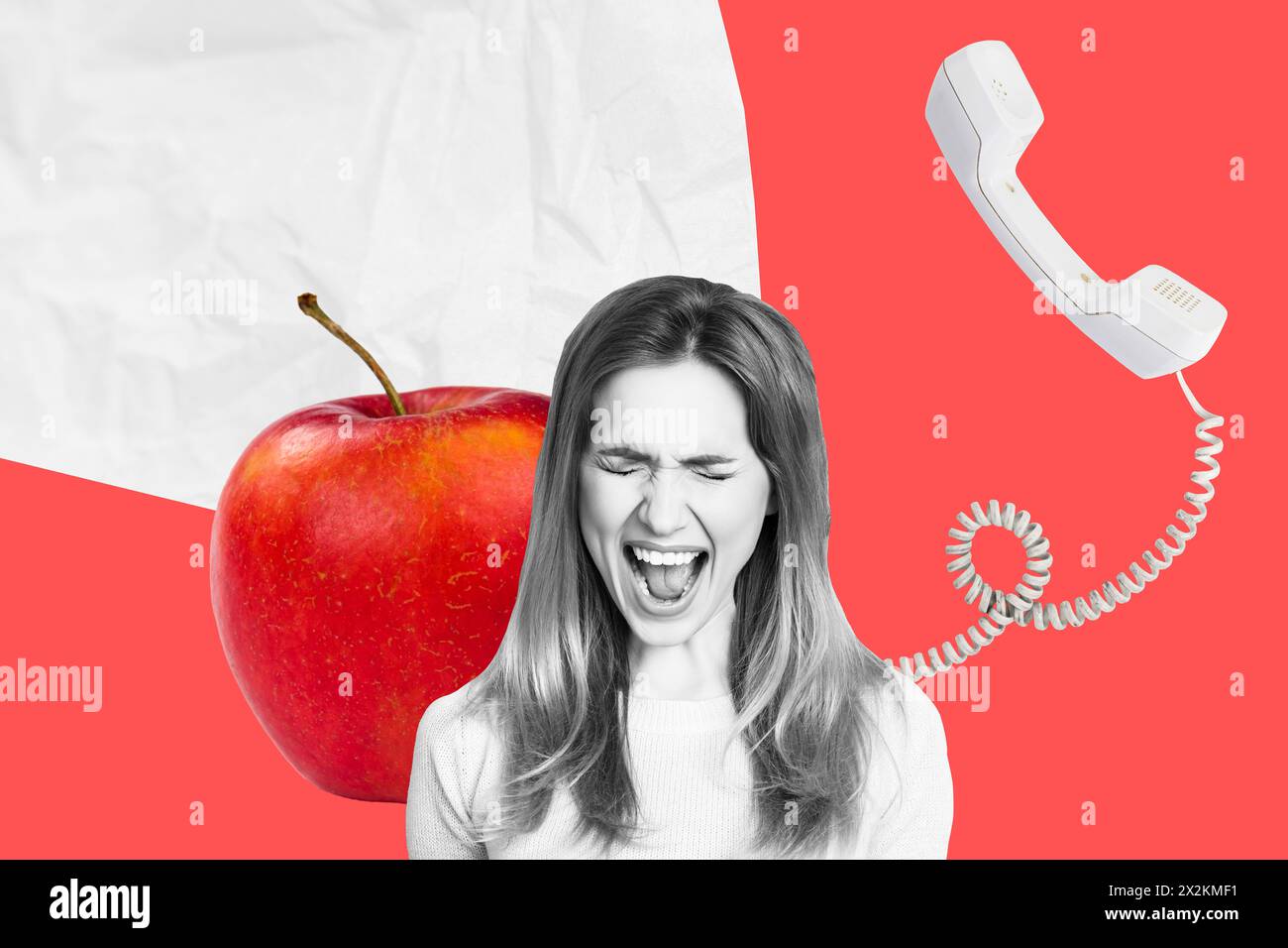 Composite collage picture of black white effect outraged girl shout telephone apple isolated on creative background Stock Photo