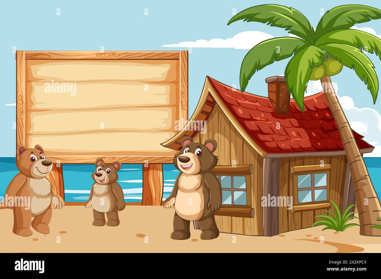 Cartoon bears near a wooden hut on the beach. Stock Vector