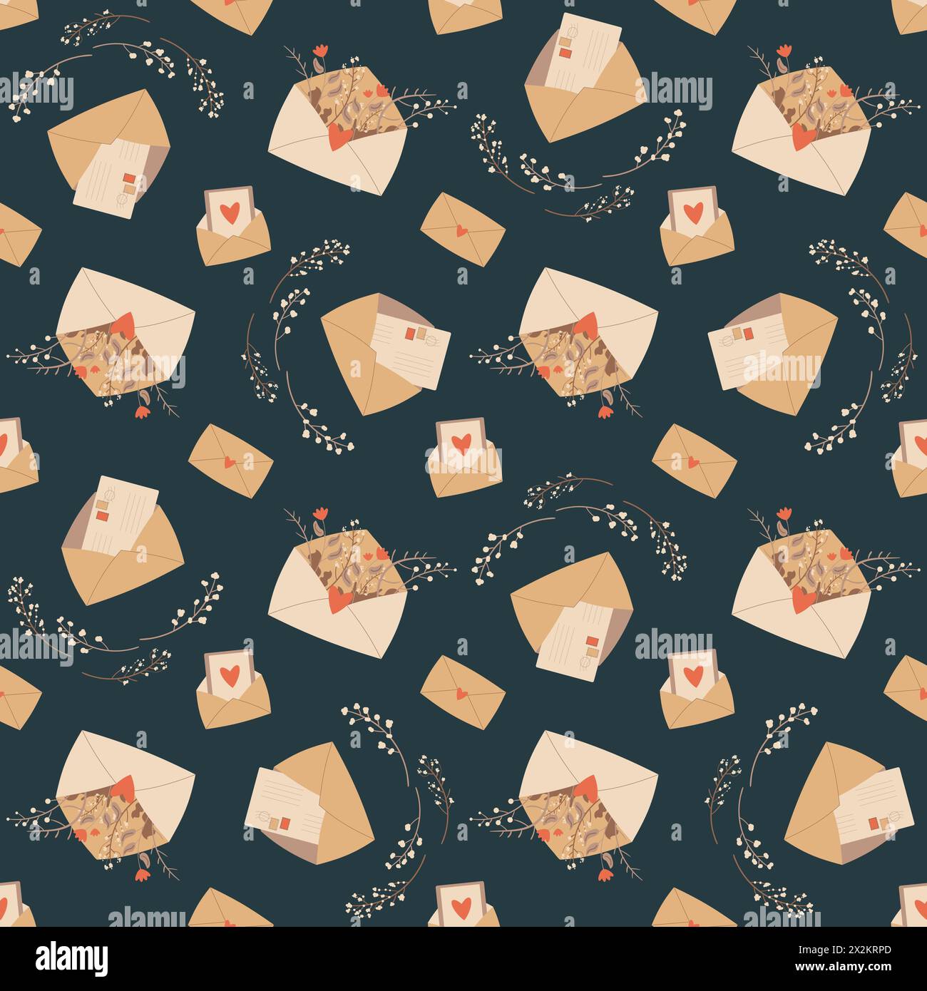 Envelope with flowers and heart shapes seamless pattern. Message ...