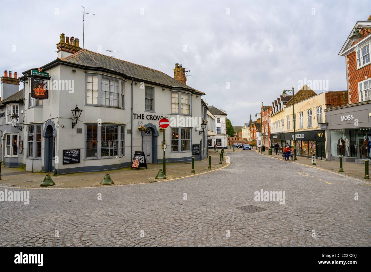 The Crown pub and Waterstones bookshop are situated on Carfax in central Horsham, a market town in West Sussex, England. Stock Photo