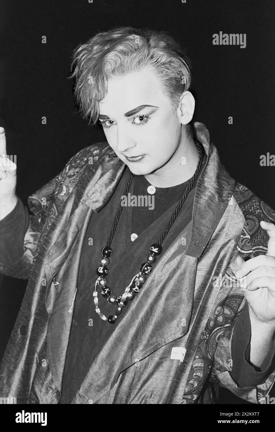 Boy George in London, photographed at the peak of Culture Club's success during the 1980s. This image was created on black & white film. . An instant Stock Photo