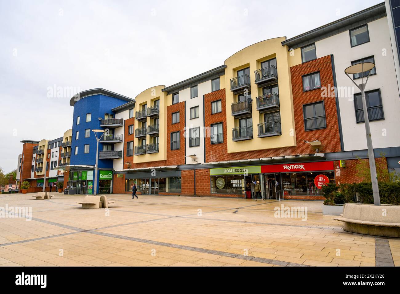 The Forum with shops and flats in modern buildings in Horsham market town in West Sussex, England. Stock Photo