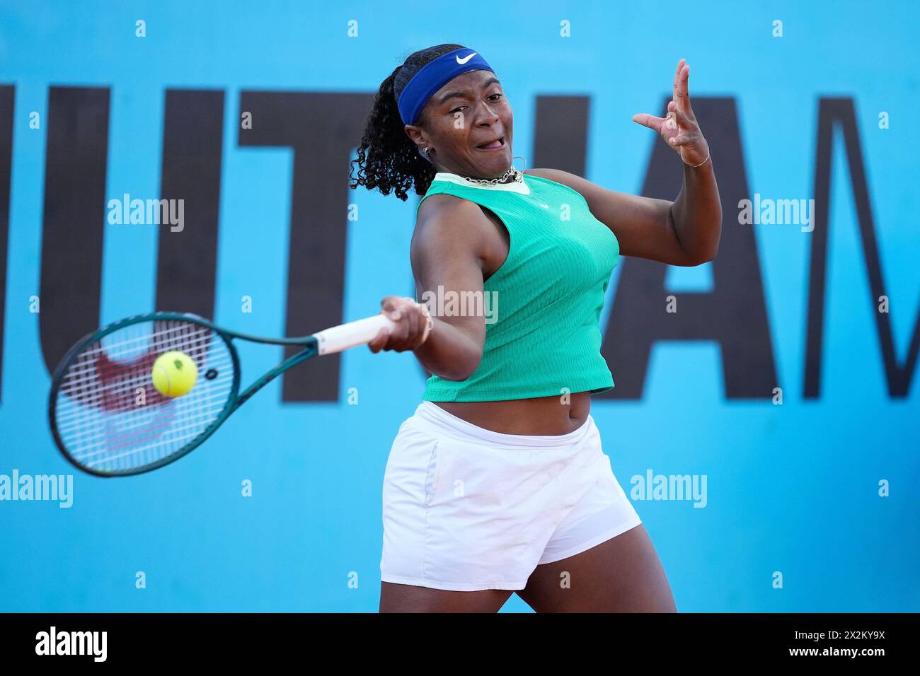 Hailey Baptiste of United States in action against Ariana Geerlings of Spain during the Mutua Madrid Open 2024, ATP Masters 1000 and WTA 1000, tennis tournament on April 22, 2024 at Caja Magica in Madrid, Spain Stock Photo