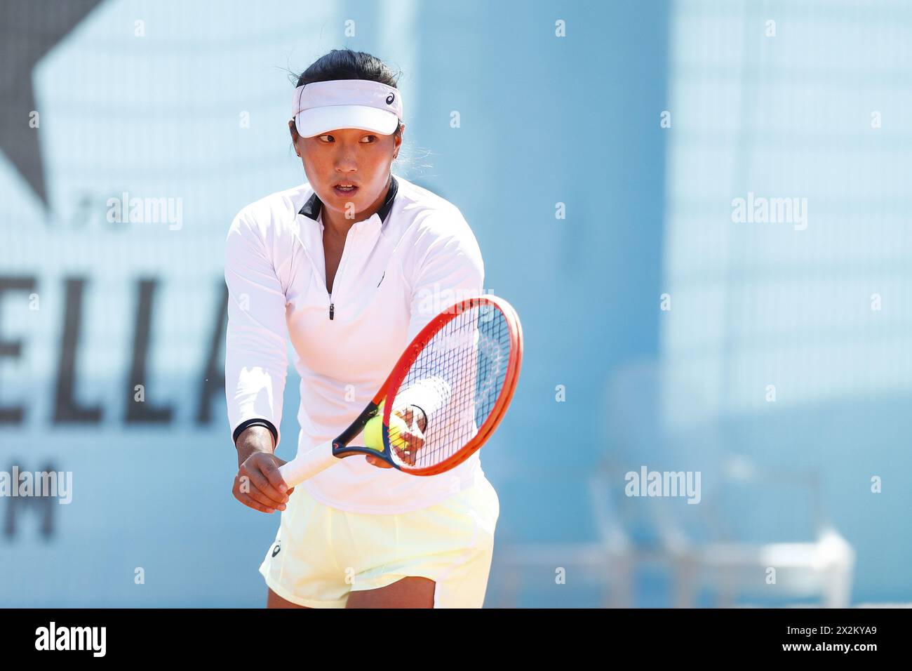 Claire Liu of USA in action against Jessica Bouzas Maneiro of Spain during the Mutua Madrid Open 2024, ATP Masters 1000 and WTA 1000, tennis tournament on April 22, 2024 at Caja Magica in Madrid, Spain Stock Photo