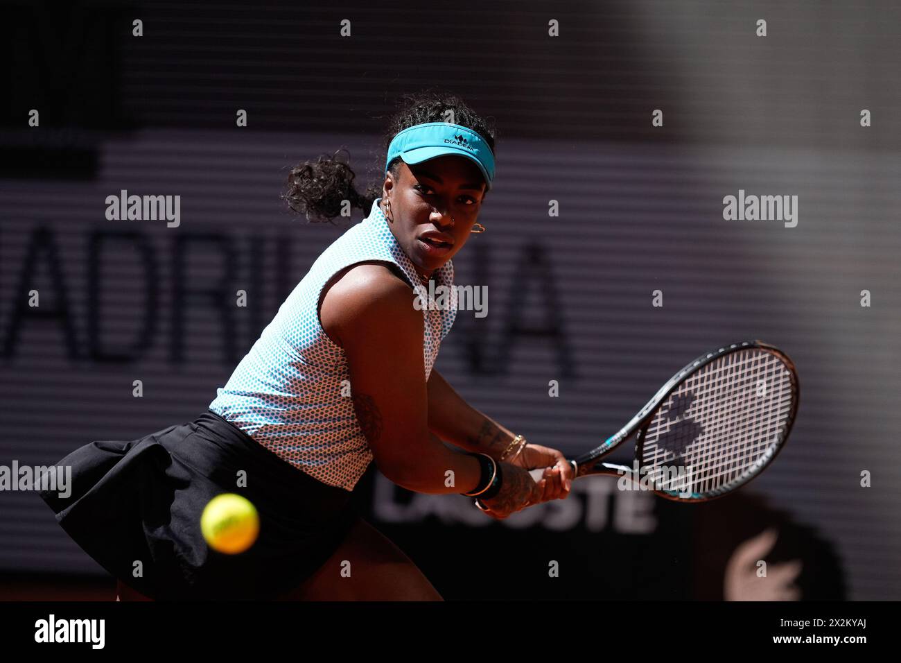 Sachia Vickery of United States in action against Rebeka Masarova of Spain during the Mutua Madrid Open 2024, ATP Masters 1000 and WTA 1000, tennis tournament on April 22, 2024 at Caja Magica in Madrid, Spain Stock Photo