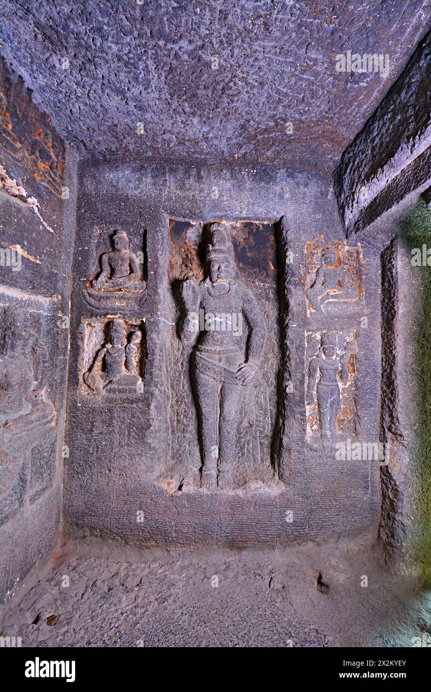 Ellora Buddhist Caves: Cave No 10 Subsidiary Niche Standing Avalokiteshvara in abhaya mudra (boon giving posture) Stock Photo
