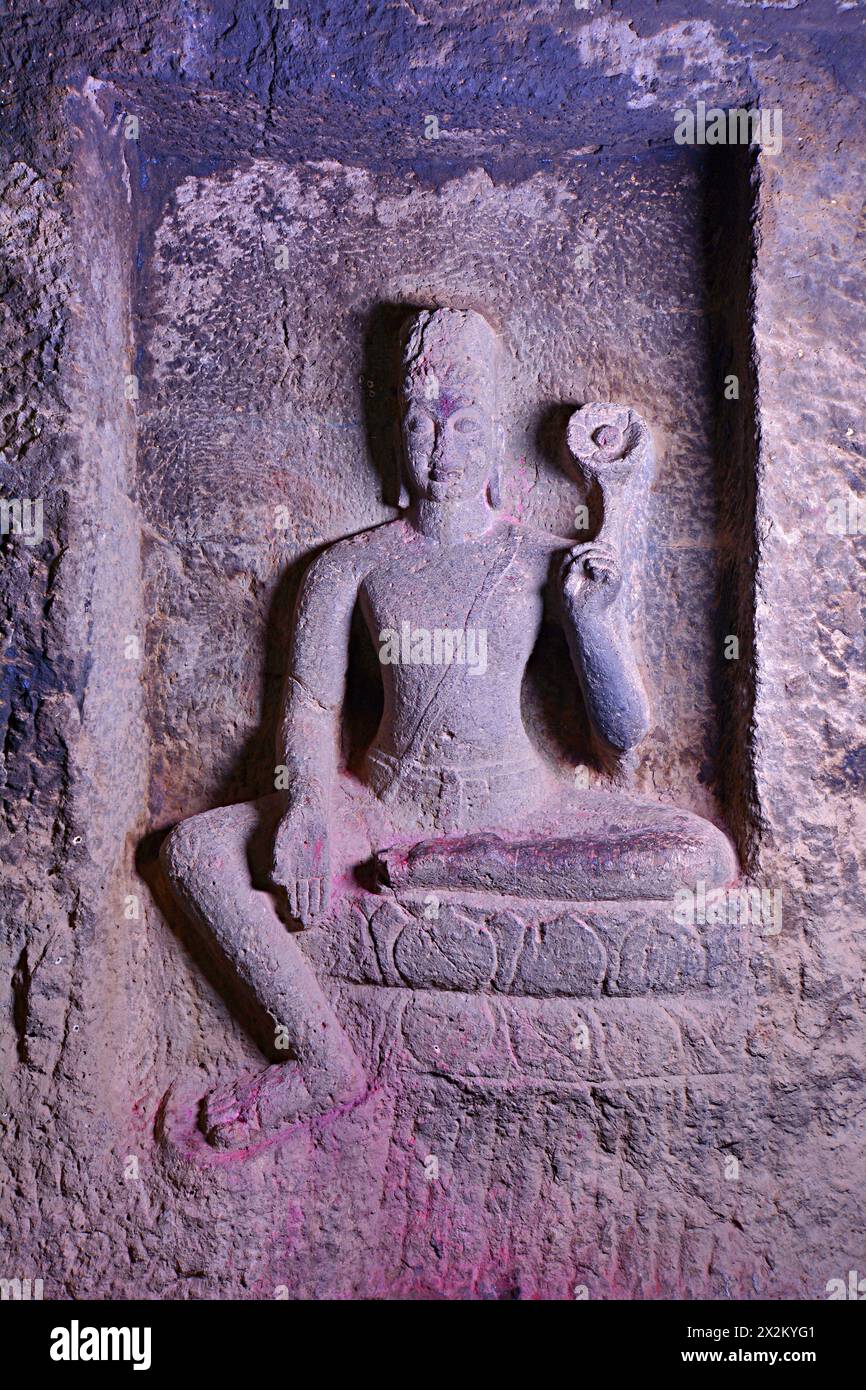 Ellora Buddhist Caves: Cave No 10, Bodhisattva – Avalokitesvara- In the inner chamber, is a figure of Avalokitesvara, seated in the position of ease Stock Photo