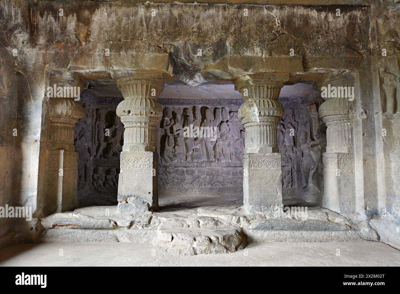 Ellora Brahmanical Caves: Cave No 21 Kalyanasundarmurti- Marriage of Siva and Parvati in the sub-shrine to the left of the main hall - central image. Stock Photo