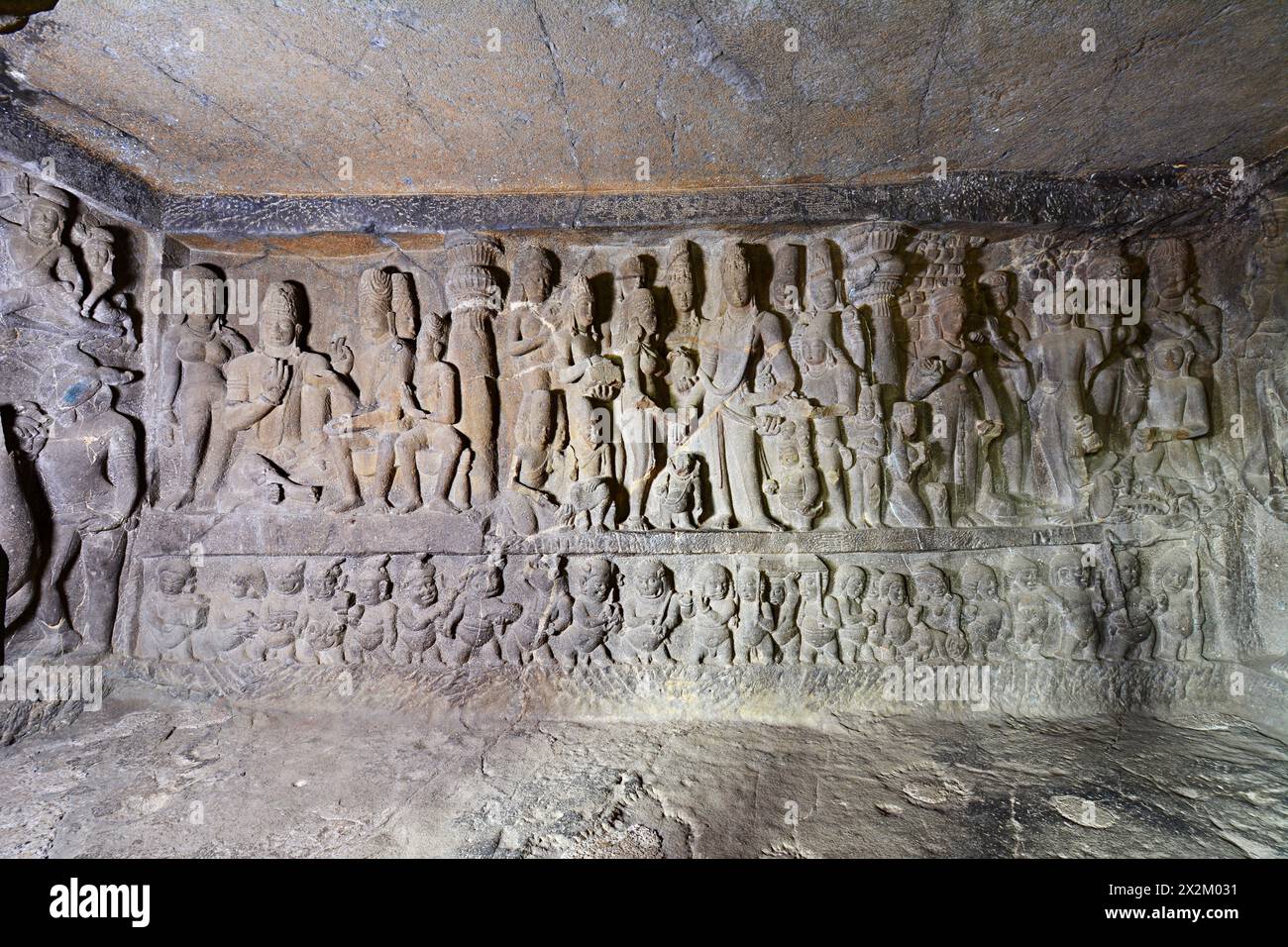 Ellora Brahmanical Caves: Cave No 21 Kalyanasundarmurti- Closer- View of Marriage of Siva and Parvati in the sub-shrine to the left of the main hall - Stock Photo
