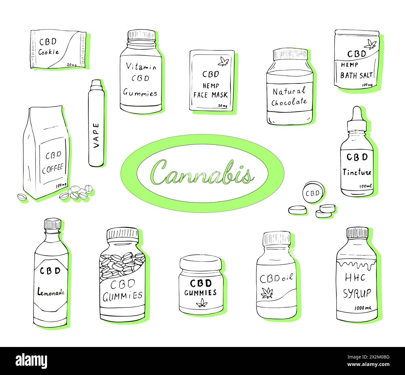 Cannabis outline icons vector set. Set of sketches for cannabis items, cbd coffee, face mask, pills, gummies, vitamins, tincture, cookies, bath sault, Stock Vector