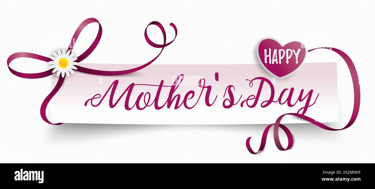 Paper Banner Purple Ribbon Happy Mothers Day Paper banner with ribbon, hearts and text Happy Mother s Day. Stock Photo