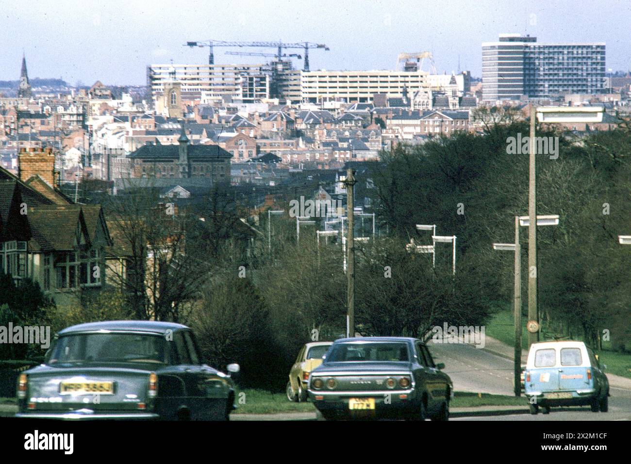 Looking down the London Road towards Northampton from Queen Eleanor's Cross in 1975 Stock Photo