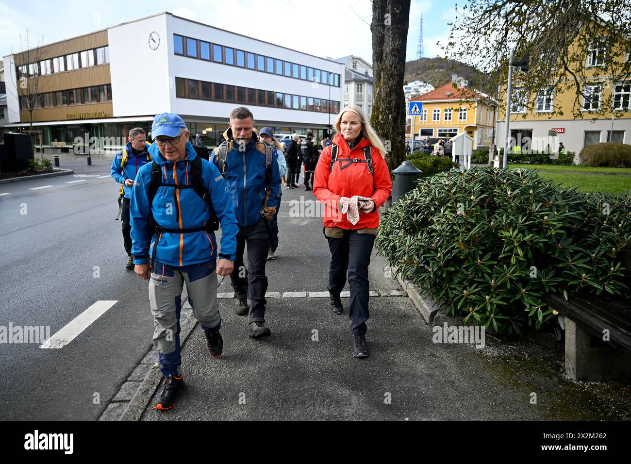 Egersund, Norway 20240423.Norwegian Crown Princess Mette-Marit together with Bent Hoie, state administrator in Rogaland and Ola Undheim who was a guide when she walked parts of the Kystpilgrimsleia from Egersund church. Photo: Carina Johansen / NTB Stock Photo