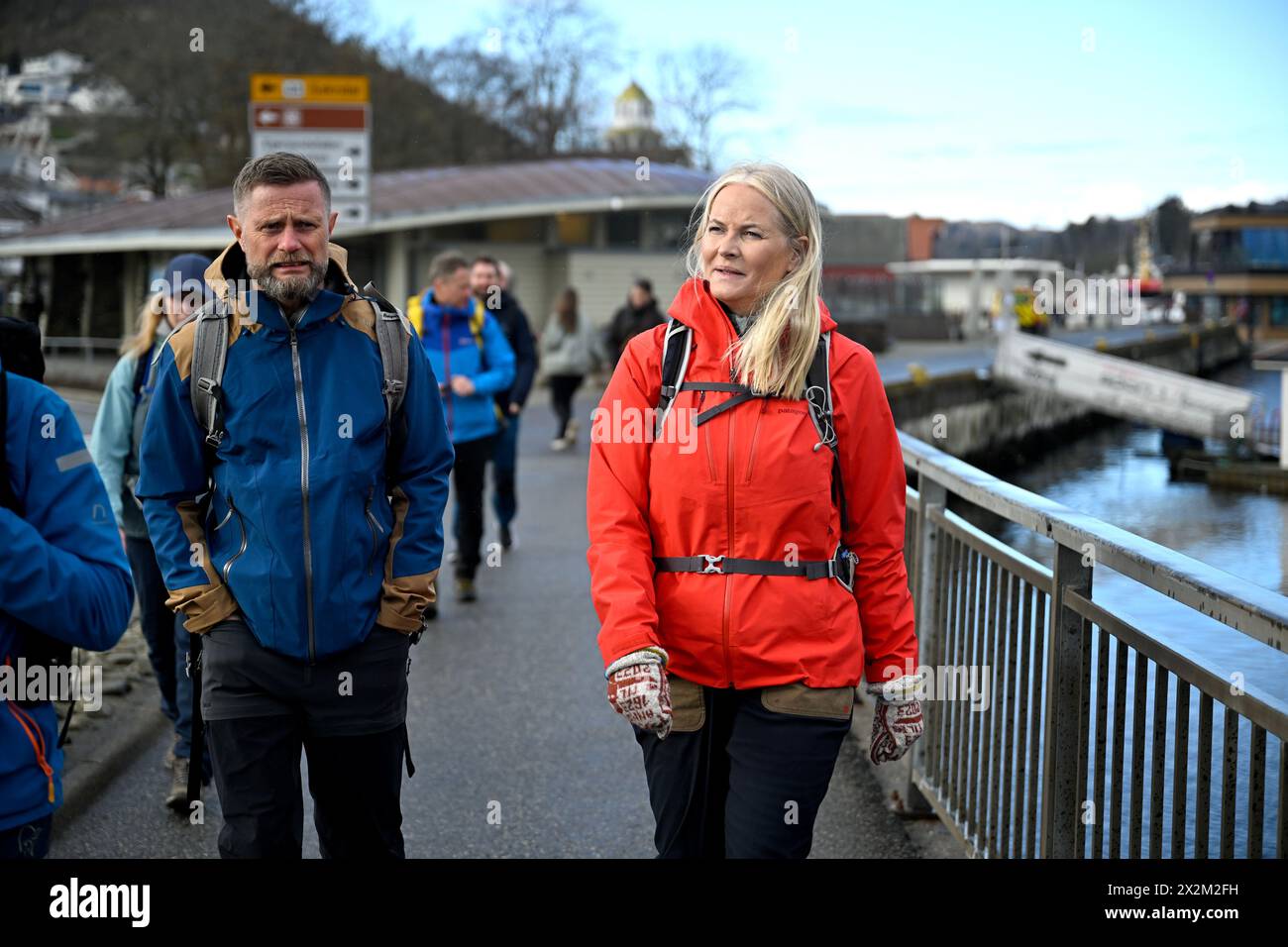 Egersund, Norway 20240423.Norwegian Crown Princess Mette-Marit together with Bent Hoie, state administrator in Rogaland when she walked parts of the Kystpilgrimsleia from Egersund church. Photo: Carina Johansen / NTB Stock Photo