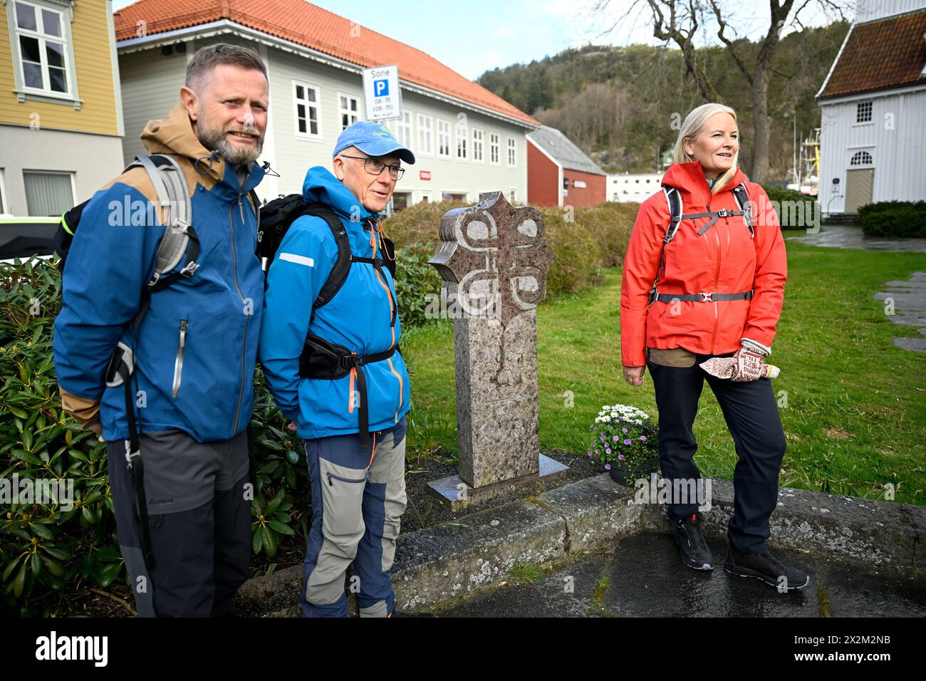 Egersund, Norway 20240423.Norwegian Crown Princess Mette-Marit together with Bent Hoie (left), state administrator in Rogaland and Ola Undheim, who was a guide when she walked parts of the Coastal Pilgrim's Way from Egersund Church. Photo: Carina Johansen / NTB Stock Photo